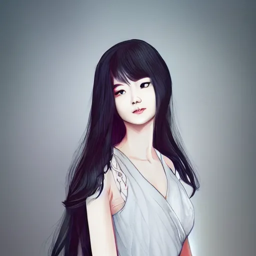 Image similar to Asian woman wearing a dress, ArtStation trending, detailed, digital art, calm colors,