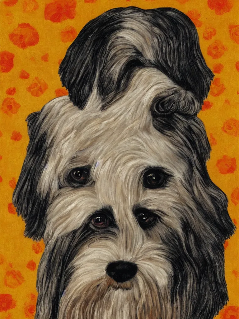 Image similar to portrait of a cream colored havanese dog as with a unibrow, surreal background, by frida kahlo