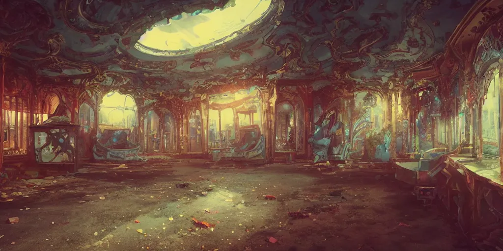 Image similar to abandoned amusement park interior design, Moebius, Greg Rutkowski, Zabrocki, Karlkka, Jayison Devadas, Phuoc Quan, trending on Artstation, 8K, ultra wide angle, pincushion lens effect.