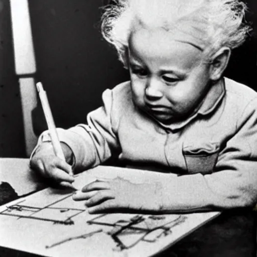 Prompt: Baby Albert Einstein making a crayon drawing of plans for atomic bomb
