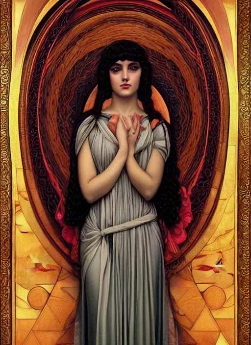 Image similar to beautiful cult magic psychic woman, oil painting, robe, symmetrical face, greek dark myth, by John William Godward and Anna Dittman, masterpiece