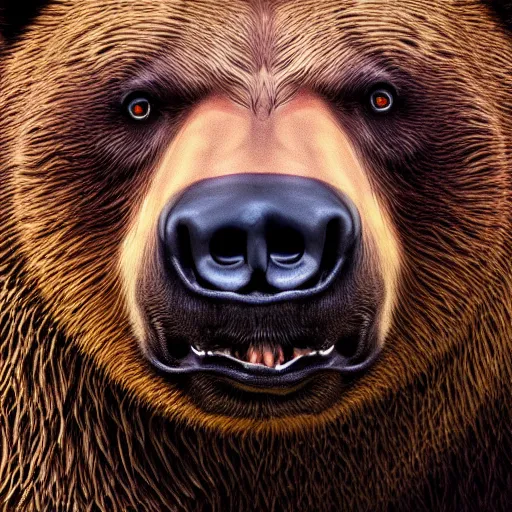 Image similar to portrait of a grizzly bear face, goofy expression, studio backdrop, hyper realistic, detailed digital painting, close up, low - key lighting, dramatic lighting, studio lighting, dark