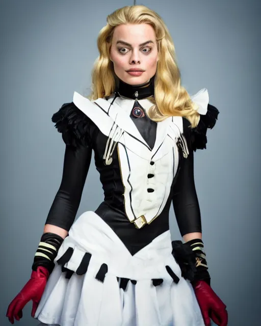 Image similar to A portrait of a margot robbie in a cosplay uniform, piercing eyes, highly detailed, bokeh, professional photograph, full body shot 4K, HD