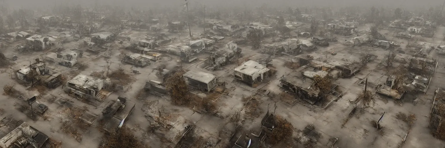 Image similar to wide angle drone shot of dilapidated silent hill in real life, desolate town, empty streets, nightmarish, some rusted retro futuristic fallout 4 style parked cars, overcast, blankets of fog pockets, rain, volumetric lighting, beautiful, daytime, autumn, sharp focus, ultra detailed, cgsociety