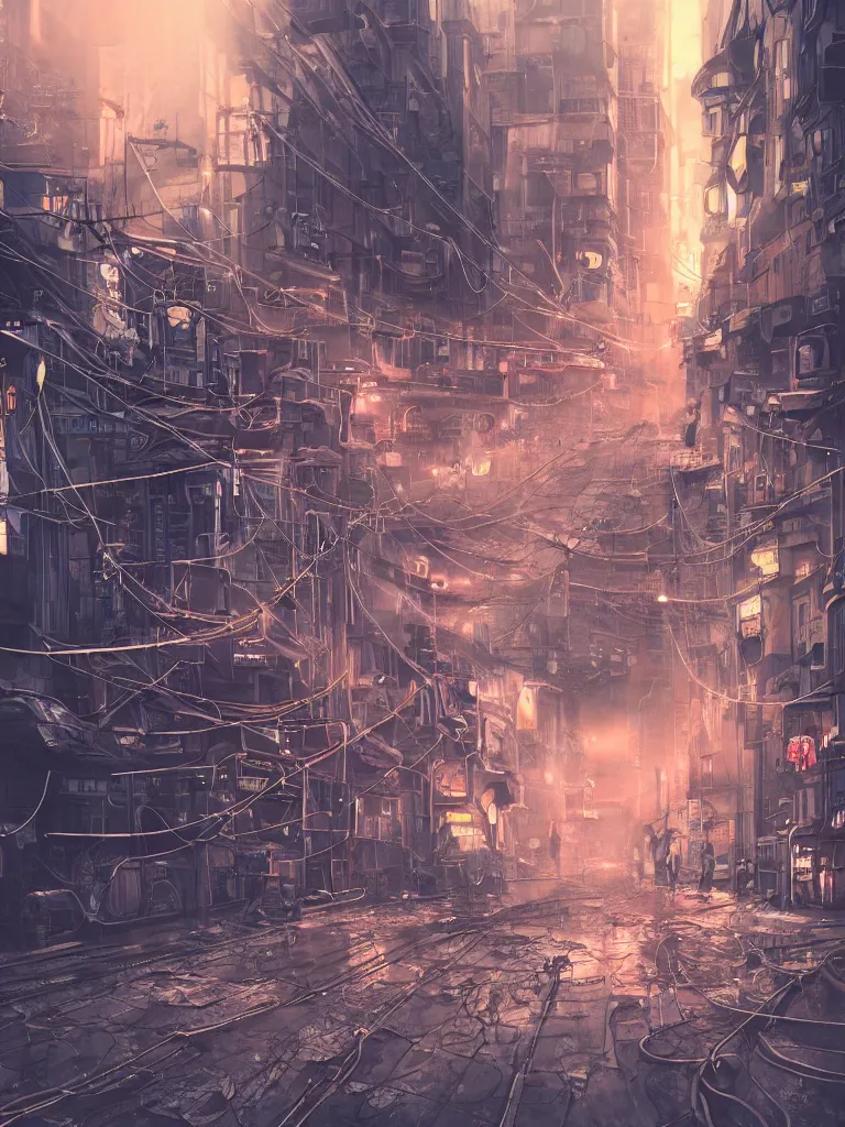 Image similar to futuristic dieselpunk street, cable stone ground. lots hanging cables, tiny wires on the ground. narrow, garbage on the ground. rain. fog, haze, evening. led screens. neon signs. golden hour. volumetric lighting. cables on the ground. very messy. futuristic. photorealistic. artstation. anime. studio gimbli style