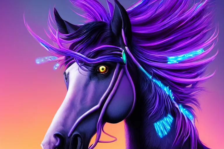 Prompt: a stunning horse with bioluminescent mane and tail running by sandra chevrier and greg rutkowski, neon hooves, purple blue color scheme, vaporware, retro, outrun, high key lighting, volumetric light, digital art, highly detailed, fine detail, intricate, ornate, complex, octane render, unreal engine, photorealistic