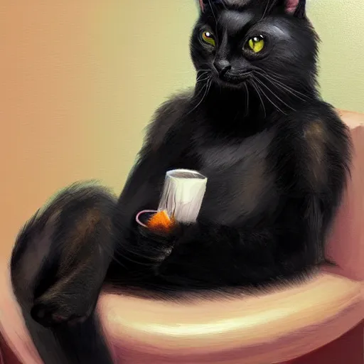 Prompt: a furry portrait, anthro, black cat smoking on a couch, artstation senior artist, character design, anthropomorphic cat, painting