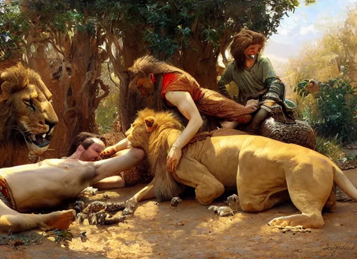 Image similar to a couple in love feeding the lions while a man lies dead on the ground, highly detailed painting by gaston bussiere, craig mullins, j. c. leyendecker