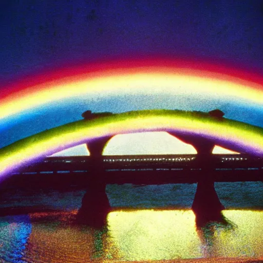 Image similar to rainbow bridge of asgard, film still, highly detailed, shimmering, sparkling, magical