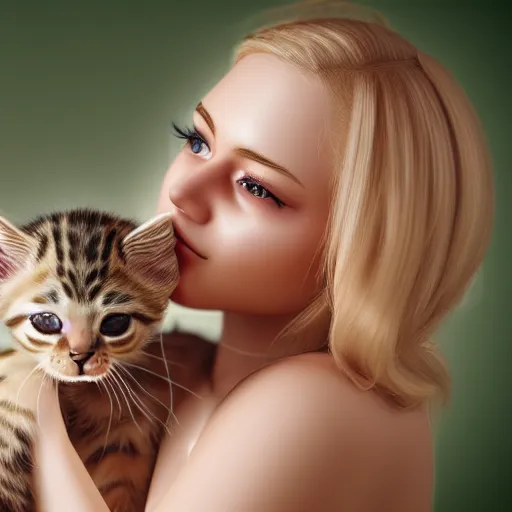 Image similar to photorealistic portrait of blonde young women in bathing suit holding kitten over her head, 3d cgi, photorealistic, cute,