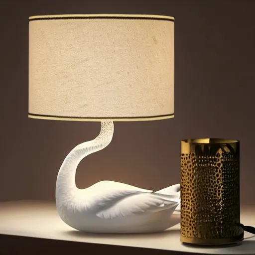 Image similar to luxury table lamp with a swan shape, intricate details, designed by swarovski, advertising photography