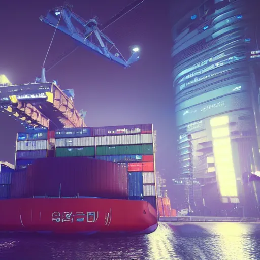 Image similar to an anti-gravity (futuristic container vessel) hovering at port in Night City Cyberpunk 2077, muted cyberpunk style, tranquil, steady, atmospheric, sweltering, autochrome, 8k, reflections, octane render, unreal engine 5