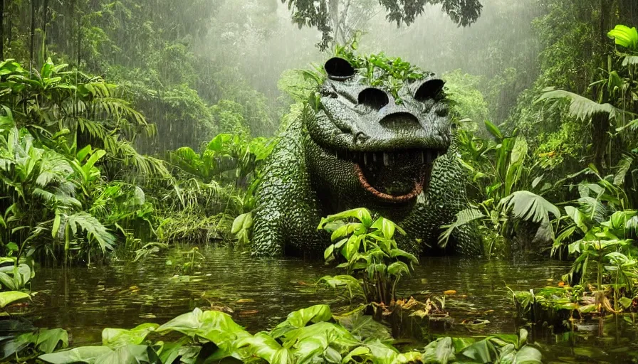 Image similar to a rainy foggy jungle, river with low hanging plants, there is a giant aligator in the water, it is glowing, great photography, ambient light