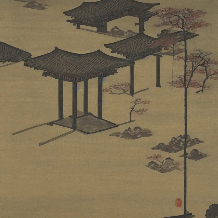 Image similar to a building in a serene landscape, ancient japanese painting