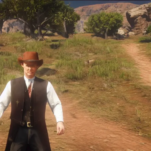 Image similar to Conan O'Brien as a holy preacher, in game screenshot of Red Redemption 2