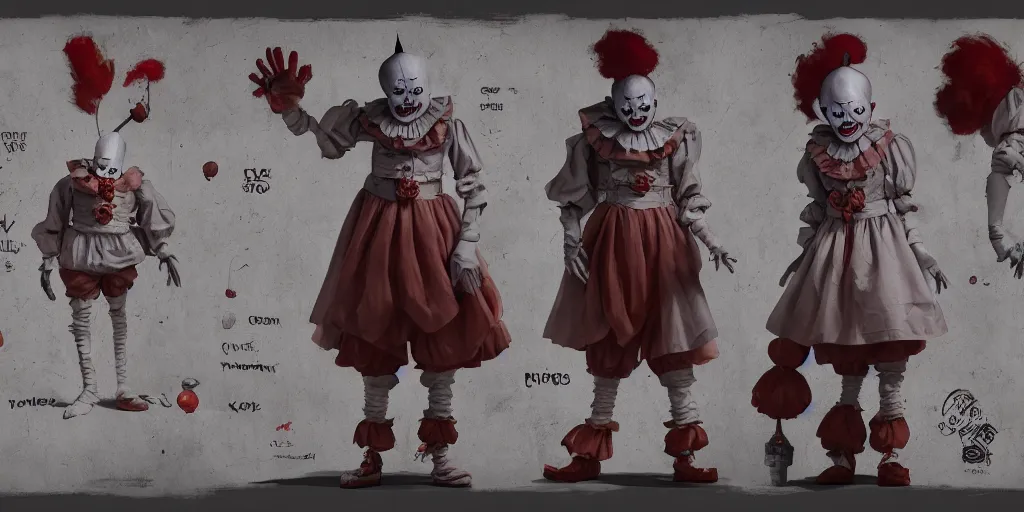 Image similar to pennywise, character sheet, concept design, contrast, kim jung gi, greg rutkowski, zabrocki, karlkka, jayison devadas, trending on artstation, 8 k, ultra wide angle, pincushion lens effect