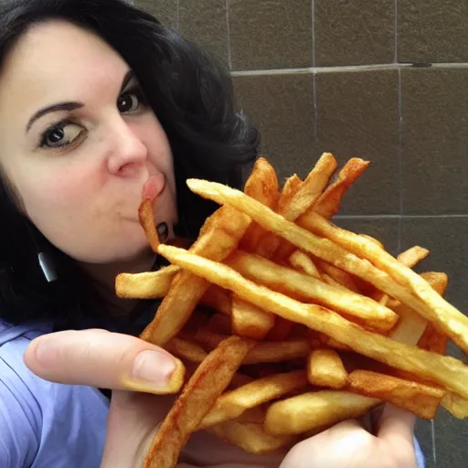 Image similar to comically large french fry next to person