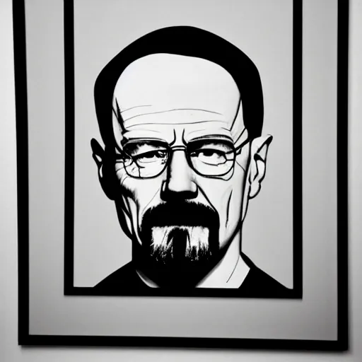 Image similar to !dream a portrait of Walter White, made by Andy Warhol, two tone, very high contrast, only black and white, simplistic, extremely high contrast, two tone, notan art, by Andy Warhol, minimalistic,