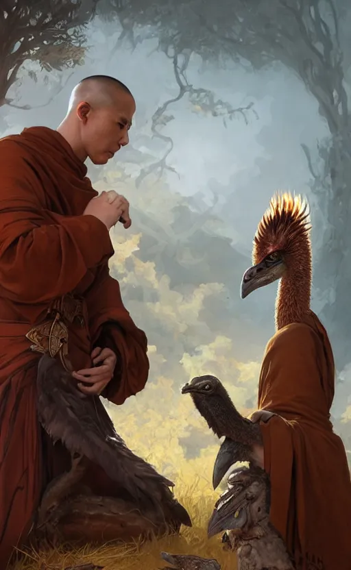 Image similar to male monk petting an undead emu, d & d, fantasy, intricate, highly detailed, digital painting, artstation, octane render, concept art, matte, sharp focus, illustration, hearthstone, art by artgerm and greg rutkowski and alphonse mucha