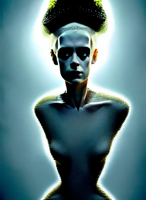 Image similar to portrait of kristen mcmenamy as a beautiful gentle futuristic bride of frankenstein from the movie bride of frankenstein, kintsugi, modern fine art, fractal, intricate, elegant, highly detailed, digital photography, subsurface scattering, by jheronimus bosch and greg rutkowski, still from the movie ex machina