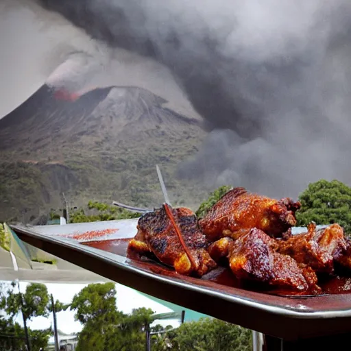 Prompt: spareribs as big as buildings grilled over a volcano