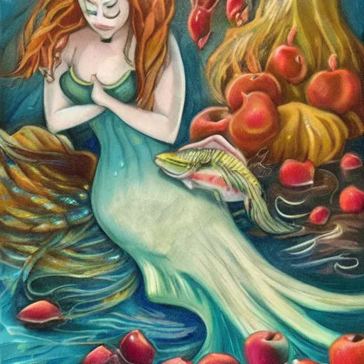 Prompt: A beautiful mermaid cooked in a huge pan over a fire, an apple in her mouth, epic fantasy, detailled