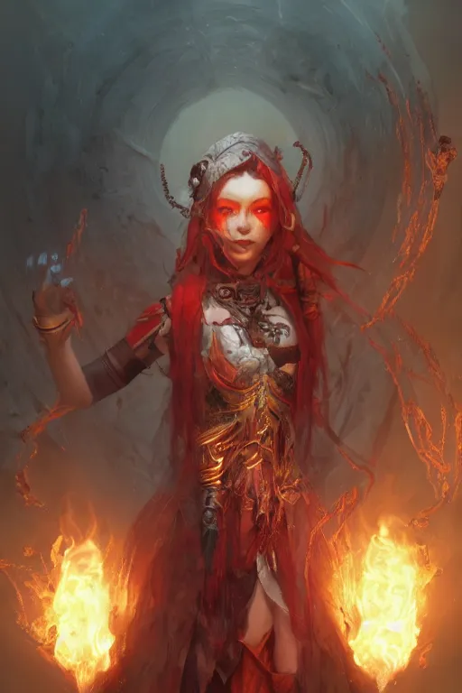 Image similar to beautiful girl necromancer, witch - doctor covered in blood, angels, 3 d render, hyper - realistic detailed portrait, holding fire and electricity, ruan jia, wlop. scifi, fantasy, magic the gathering, hyper detailed, octane render, concept art, peter mohrbacher