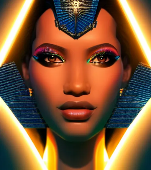 Image similar to symmetry!! egyptian princess of technology, solid cube of light, hard edges, product render retro - futuristic poster scifi, lasers and neon circuits, brown skin gorgeous egyptian princess, intricate, elegant, highly detailed, digital painting, artstation, concept art, smooth, sharp focus, illustration, dreamlike, art by artgerm