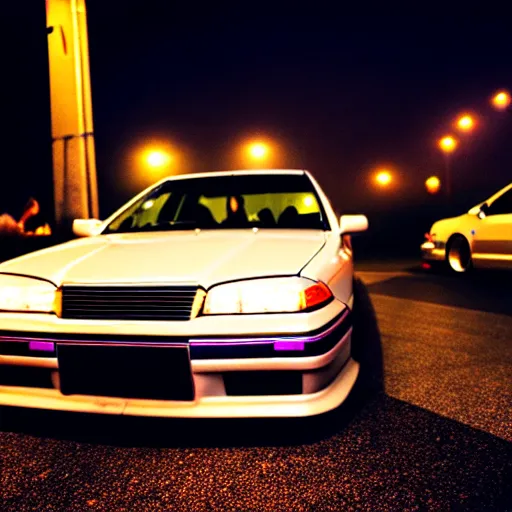 Prompt: a car JZX100 at illegal car meet, Chiba prefecture, city midnight mist lights, cinematic color, photorealistic, highly detailed, 50MM