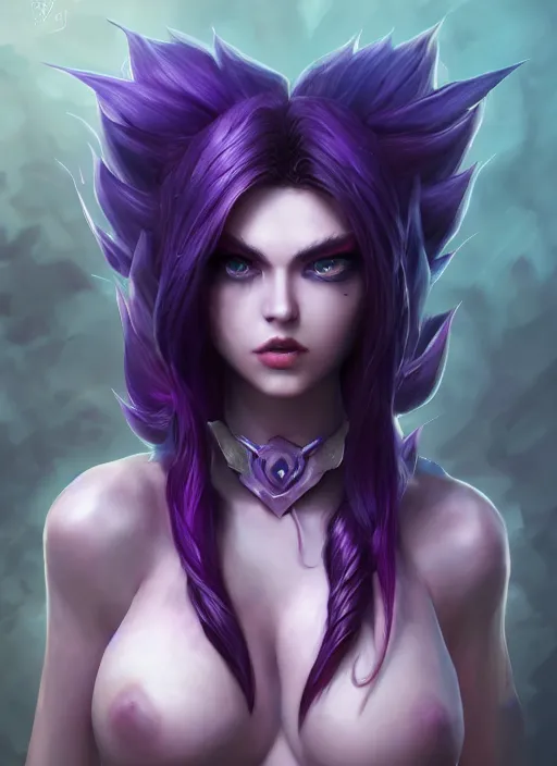 Prompt: morgana, from league of legends, au naturel, hyper detailed, purple skin, digital art, trending in artstation, cinematic lighting, studio quality, smooth render, unreal engine 5 rendered, octane rendered, art style by klimt and nixeu and ian sprigger and wlop and krenz cushart