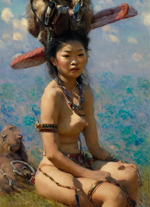 Image similar to portrait of the tribal ethnic asian female, sitting on top of a war elephante poses by gaston bussiere, anna nikonova aka newmilky, greg rutkowski, yoji shinkawa, yoshitaka amano, tsutomu niehi, impressionism, monet,