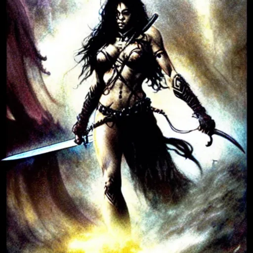 Image similar to female warrior, curly black hair, sword, cinematic, by luis royo, by frank frazetta