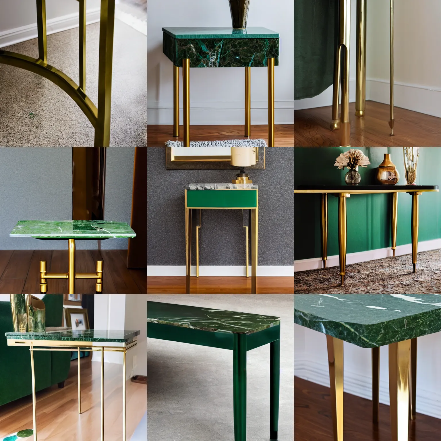 Prompt: detail photo of elongated end table with green marble top, very wide and slim, brass legs, standing on hardwood floor, in hallway, reflections