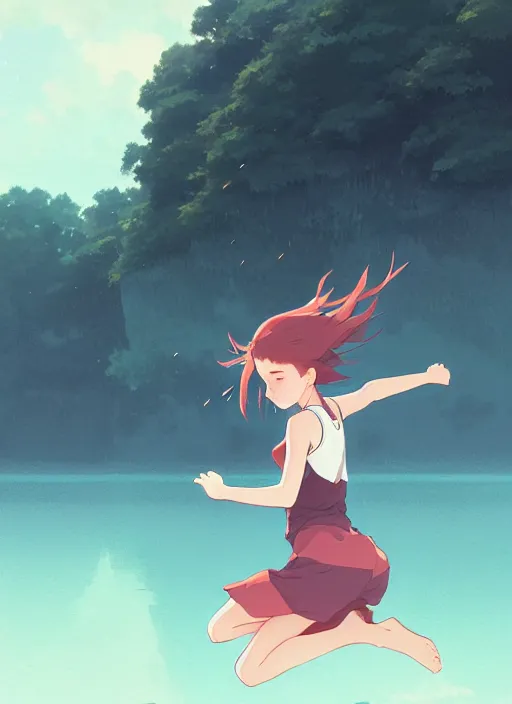 Image similar to girl jumping near a lake, rainy, touching a long neck monster, illustration concept art anime key visual trending pixiv fanbox by wlop and greg rutkowski and makoto shinkai and studio ghibli