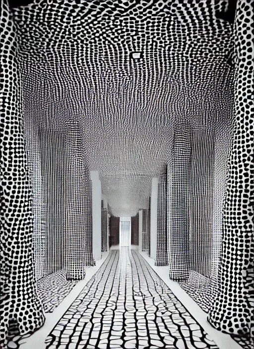 Image similar to a photograph of a symmetrical hallway designed by yayoi kusama, 3 5 mm, film camera, dezeen, architecture