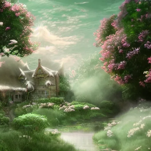 Image similar to a beautiful picture depicts a pale green fairy tale world, a strawberry cottage, white smoke and fairyland. lighting efects, cotton - like white clouds around the house, floating mist and gauze around the house, surrounded by roses, miyazaki hayao animation style, pastoral style, very detailed