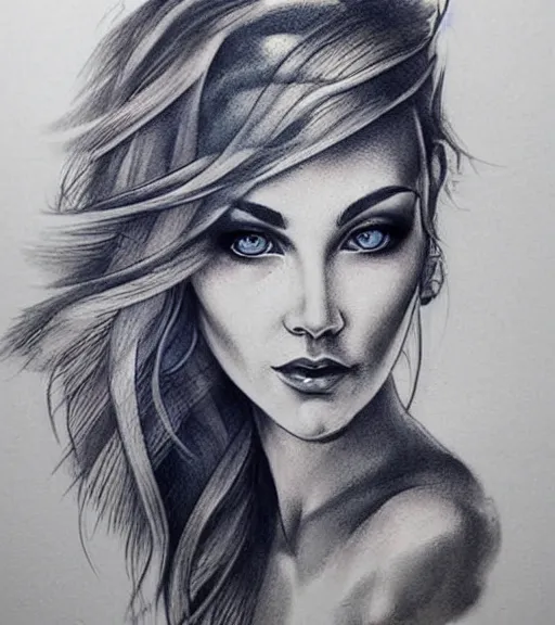 Image similar to tattoo design sketch of a beautiful blue - eyed woman face with a faded background of beautiful mountains and nature on her side, hyper - realistic, in the style of den yakovlev, amazing detail, black and white