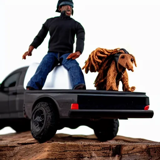 Image similar to black man action figure with dreads standing on top of a black rc pickup truck, close up photograph, white background
