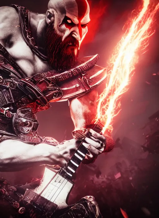 Prompt: red right eye paint stripe armored screaming kratos rocking hard on a flaming stratocaster guitar, cinematic render, god of war 2 0 1 8, playstation studios official media, lightning, flames, clear, coherent, guitar