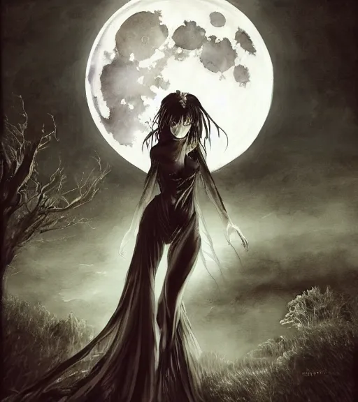 Image similar to book cover art, female dark witch in front of the full big moon, watercolor, dramatic lighting, cinematic, establishing shot, extremely high detail, foto realistic, cinematic lighting, pen and ink, intricate line drawings, by Yoshitaka Amano, Ruan Jia, Kentaro Miura, Artgerm, post processed, concept art, artstation, matte painting, style by eddie mendoza, raphael lacoste, alex ross