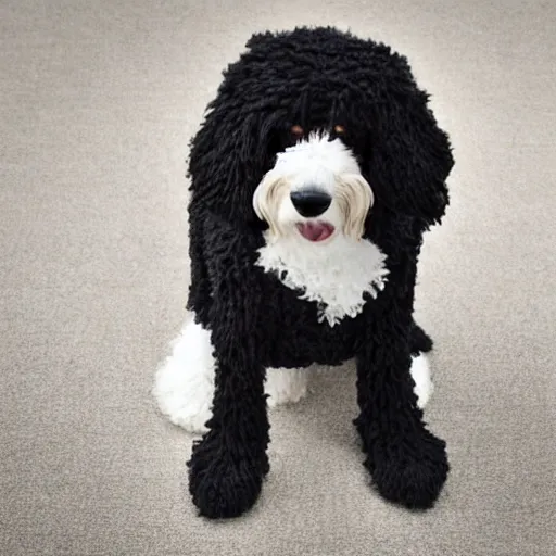 Image similar to a closeup photorealistic photograph of a cute smiling knitted bernedoodle judge dog dressed in a black gown, presiding over the courthouse. indoor shot, professional capture, well lit photo. this 4 k hd image is trending on artstation, featured on behance, well - rendered, extra crisp, features intricate detail, epic composition and the style of unreal engine.