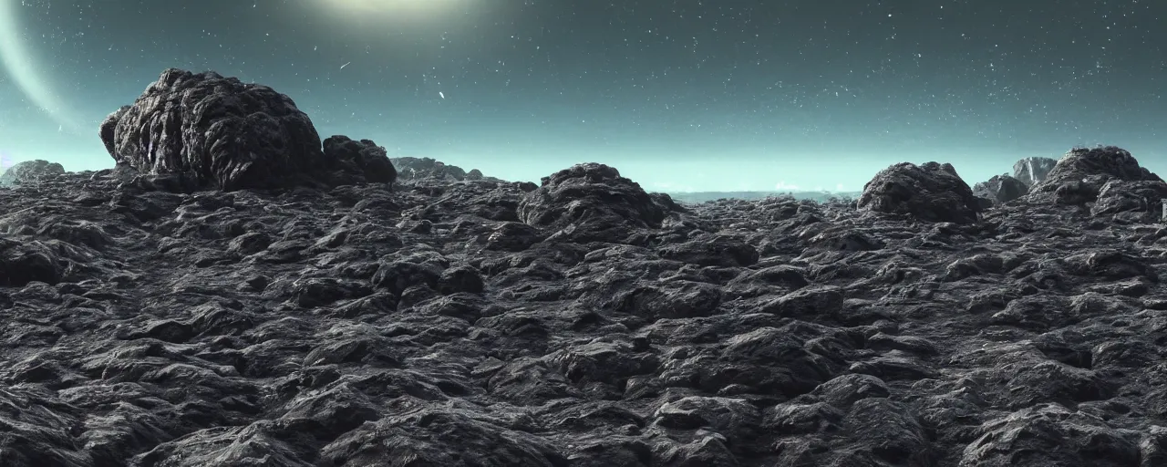 Image similar to ” looking at eart - like planet from a rocky asteroid, [ cinematic, detailed, epic, widescreen, opening, establishing, mattepainting, photorealistic, realistic textures, octane render ] ”