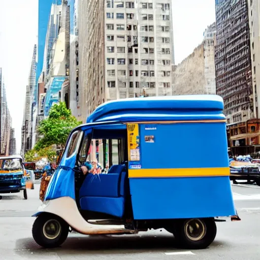 Prompt: a blue tuk tuk on manhattan