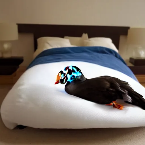 Image similar to puffin sleeping in an oversized bed