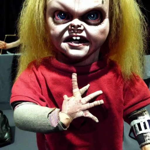 Image similar to Chucky the killer doll for sale at a horror convention