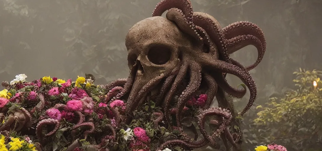 Prompt: an octopus in the shape of a skull surrounded by flowers! at midnight, fog!, foggy!, cinematic shot, photo still from movie by denis villeneuve, wayne barlowe