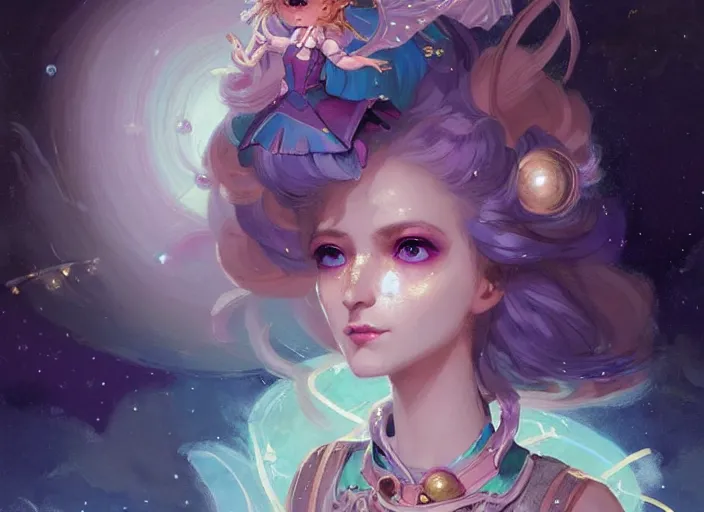 Image similar to close up picture of an maximalist dress magical girl, neat hair, slightly smiling, extremely beautiful and aesthetic and detailed cute face and eyes, wipe out evils with cute astronaut familiar sprites, aming the magics, magical beam, chiaroscuro, intricate, masterpiece, fantasy illustrations by peter mohrbacher and anato finnstark and jeremy lipking