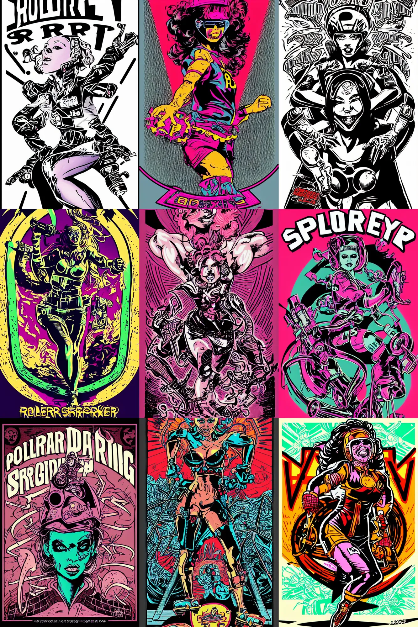 Prompt: roller derby girl sprinting Cross-Over, full length portait, logo design by Philippe Caza