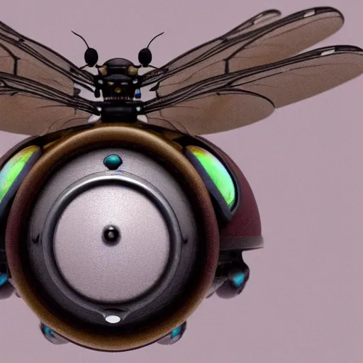 Prompt: close up of a dragonfly wearing steampunk goggles, photorealistic 3D render