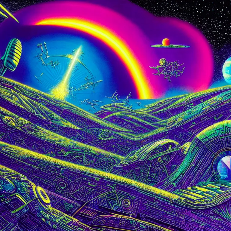 Prompt: edge of interstellar space, synthwave, bright neon colors, highly detailed, cinematic, tim white, philippe druillet, roger dean, aubrey beardsley, ernst haeckel, lisa frank, vladimir kush, kubrick, isono